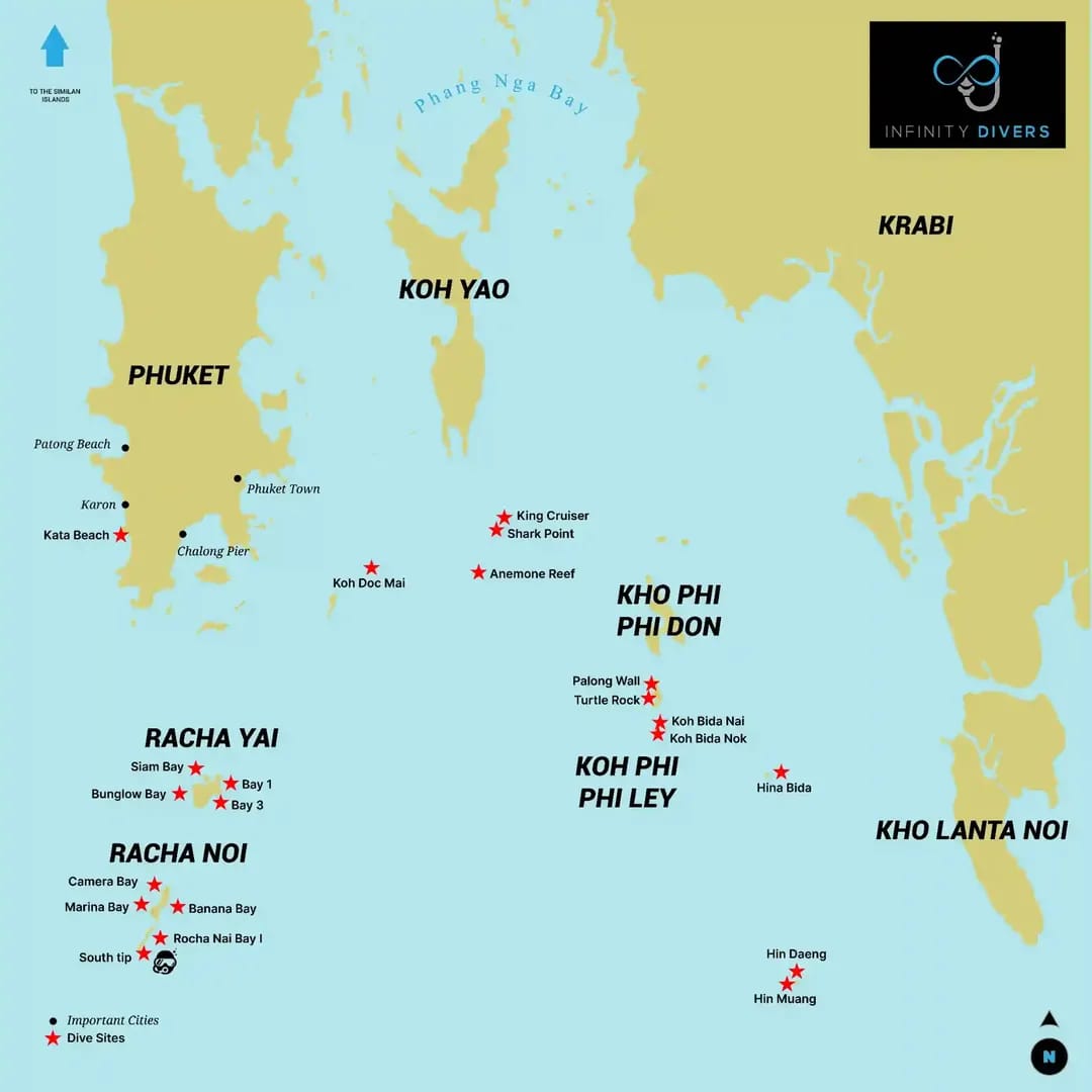 Phuket Diving Map showing dive sites