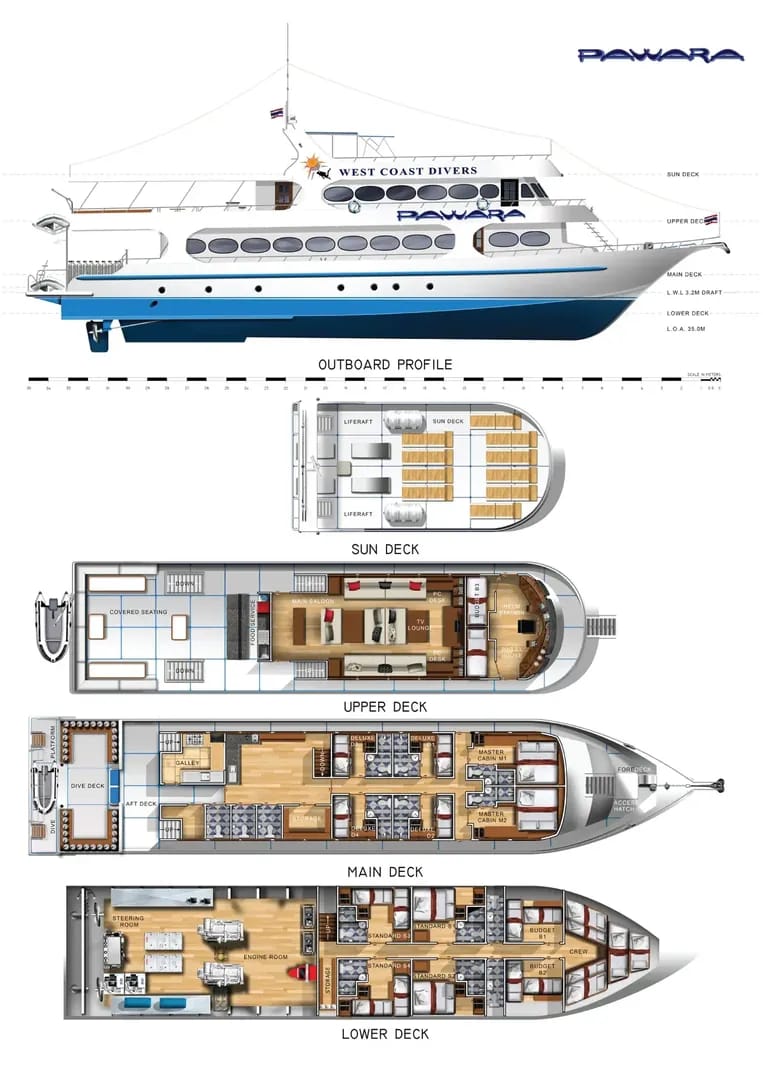 Floor plan and layout of the MV Pawara liveaboard boat