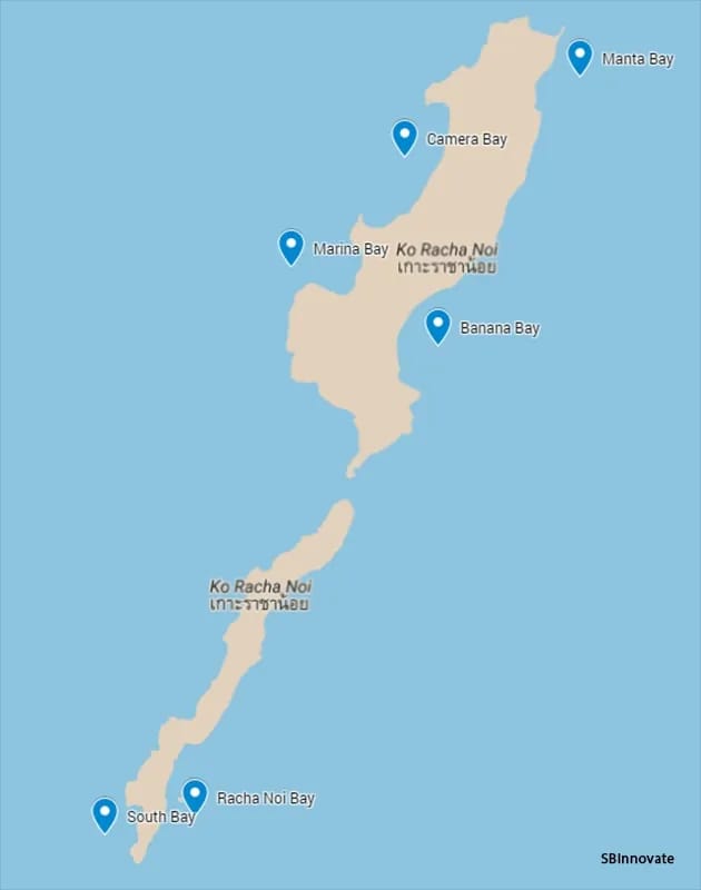 Map showing dive sites around Racha Noi and Racha Yai islands