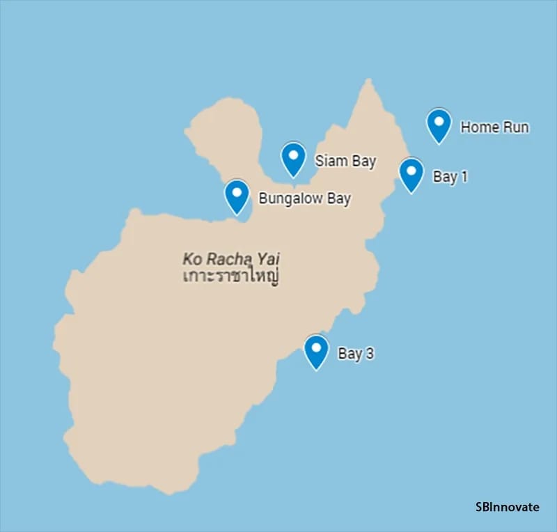 Karte mit Tauchplätzen rund um die Insel Racha Yai