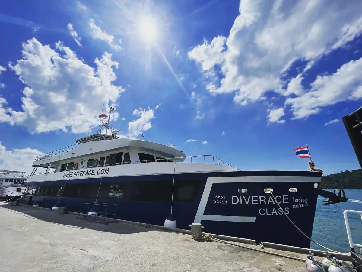 MV DiveRace liveaboard at sunset with divers on deck